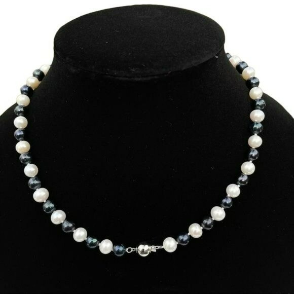 Jewelry - Near Round Cultured Freshwater Pearl Necklace White Pearl And dyed Black 18in